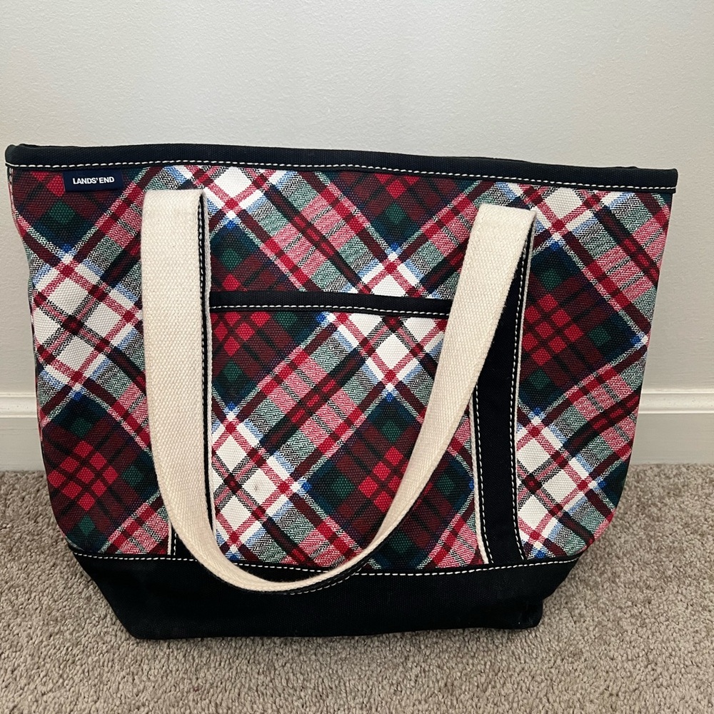 Lands' End Tartan Tote - Red, Black, and Cream